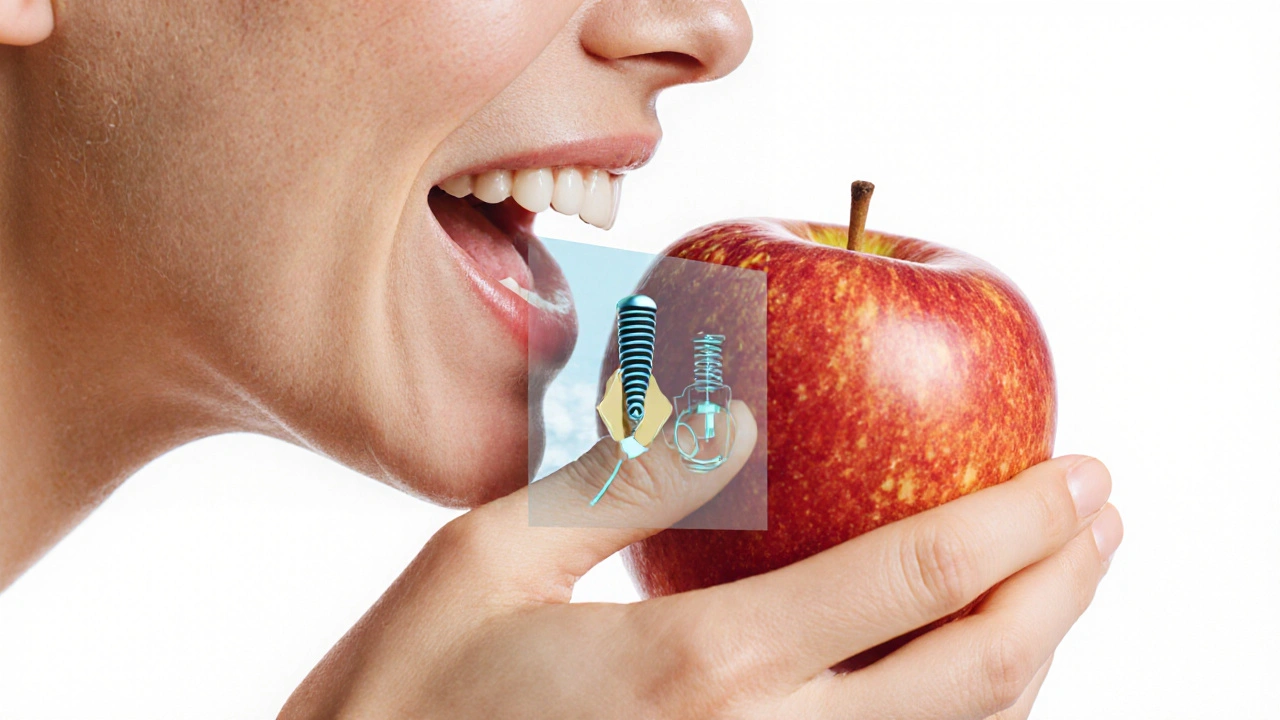 Ruka kousající jablko s průhledným zobrazením zubního implantátu v čelisti.
