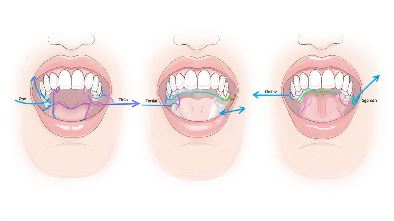 Schéma tří typů ortodontických gumiček spojujících zuby a čelisti.