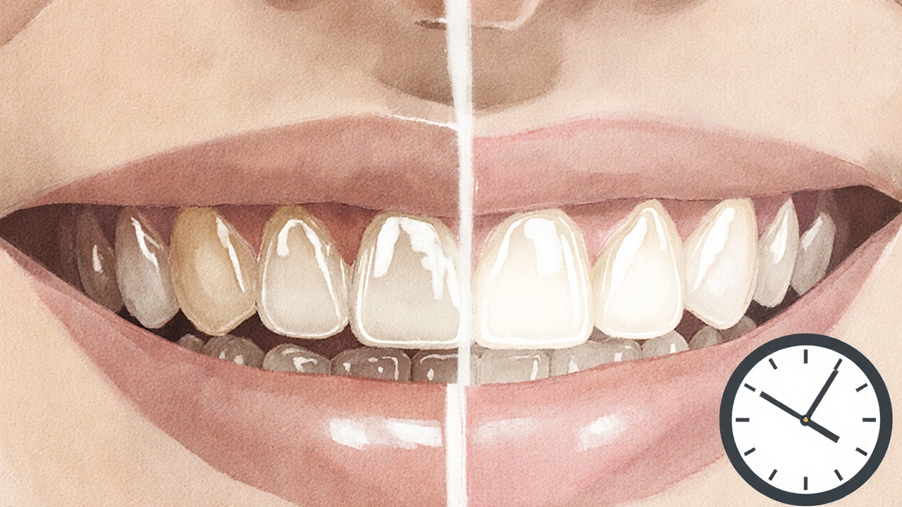 Side-by-side comparison of natural teeth and composite veneers with a time gradient.