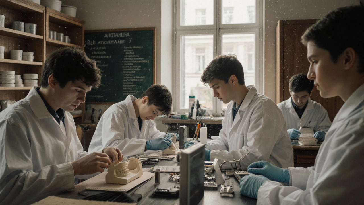 Studenti na střední zdravotnické škole se učí vyrábět zubní náhrady v dílně.