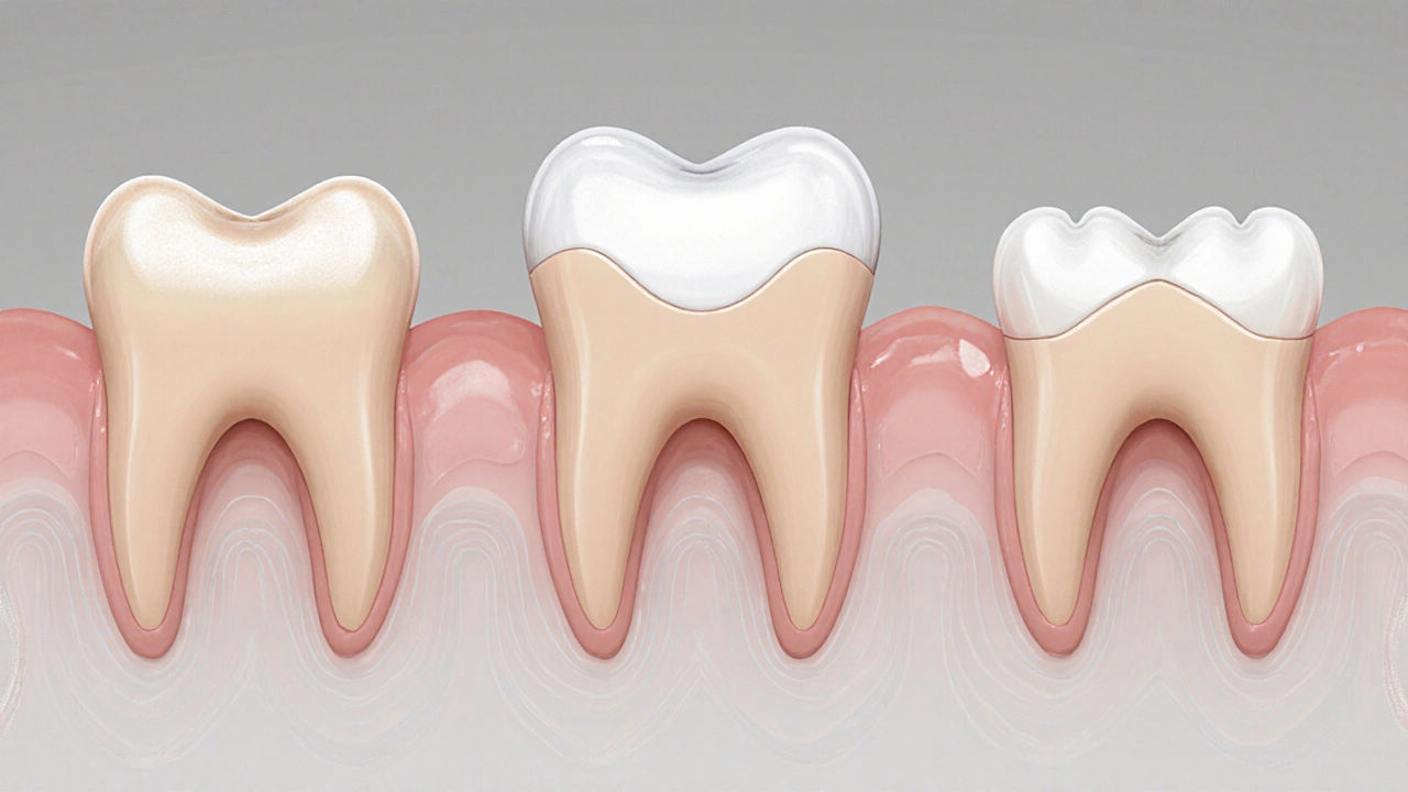 Tři druhy oprav předního zubu: plomba, porcelánová vložka a korunka.