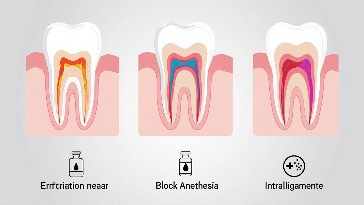 Tři typy zubní anestezie: infiltrace, bloková a intraligamentární, znázorněné schematicky.