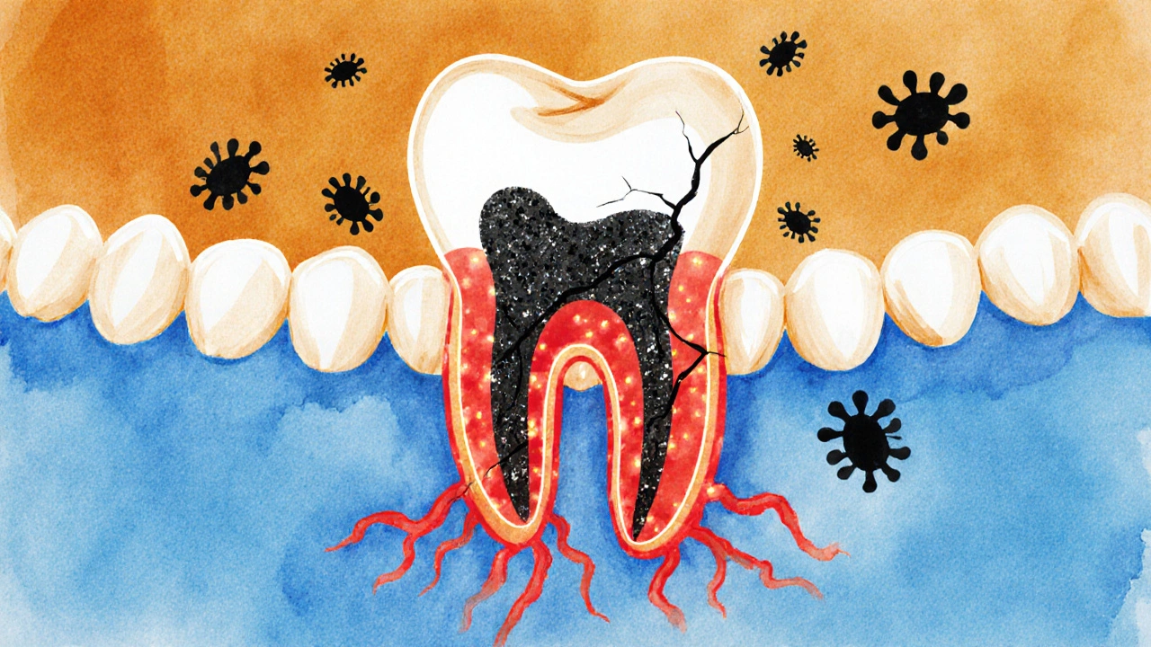 Umělecká ilustrace zubu s kamenem a šířícím se zánětem pod dásněmi.