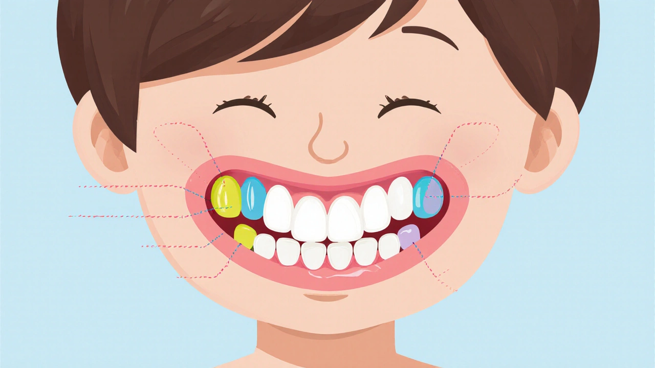 Vývoj trvalých zubů u dítěte od 6 do 12 let, znázorněný v anatomickém přehledu.