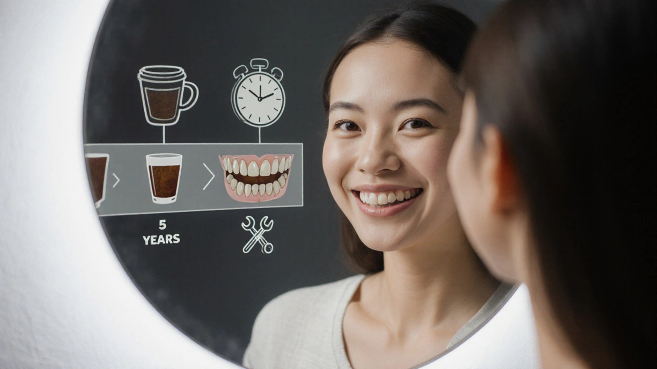 Woman smiling in mirror with composite veneers, translucent overlay showing original teeth and timeline.