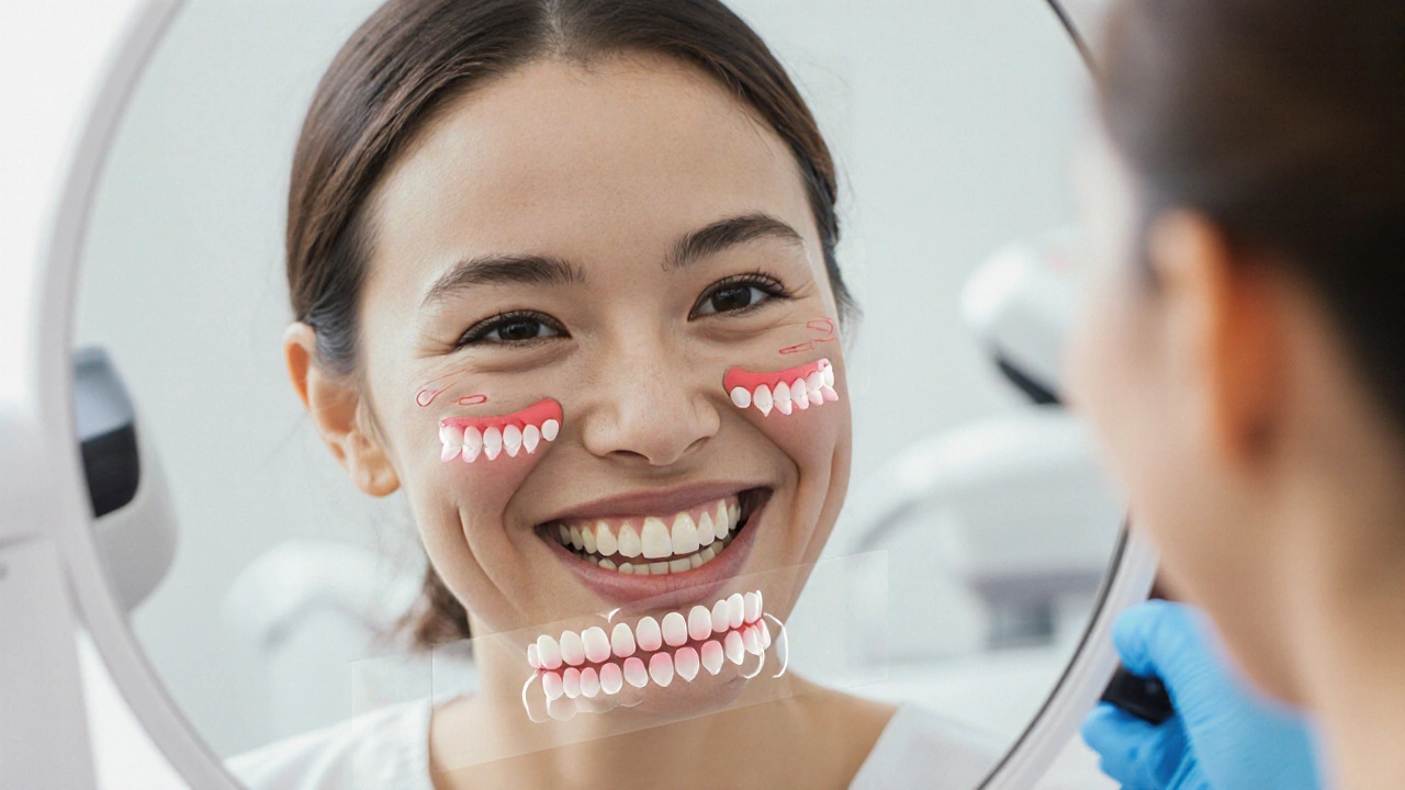 Žena se směje do zrcadla, její nové fazety odrážejí světlo, zatímco se skrytě ukazuje její původní úsměv.