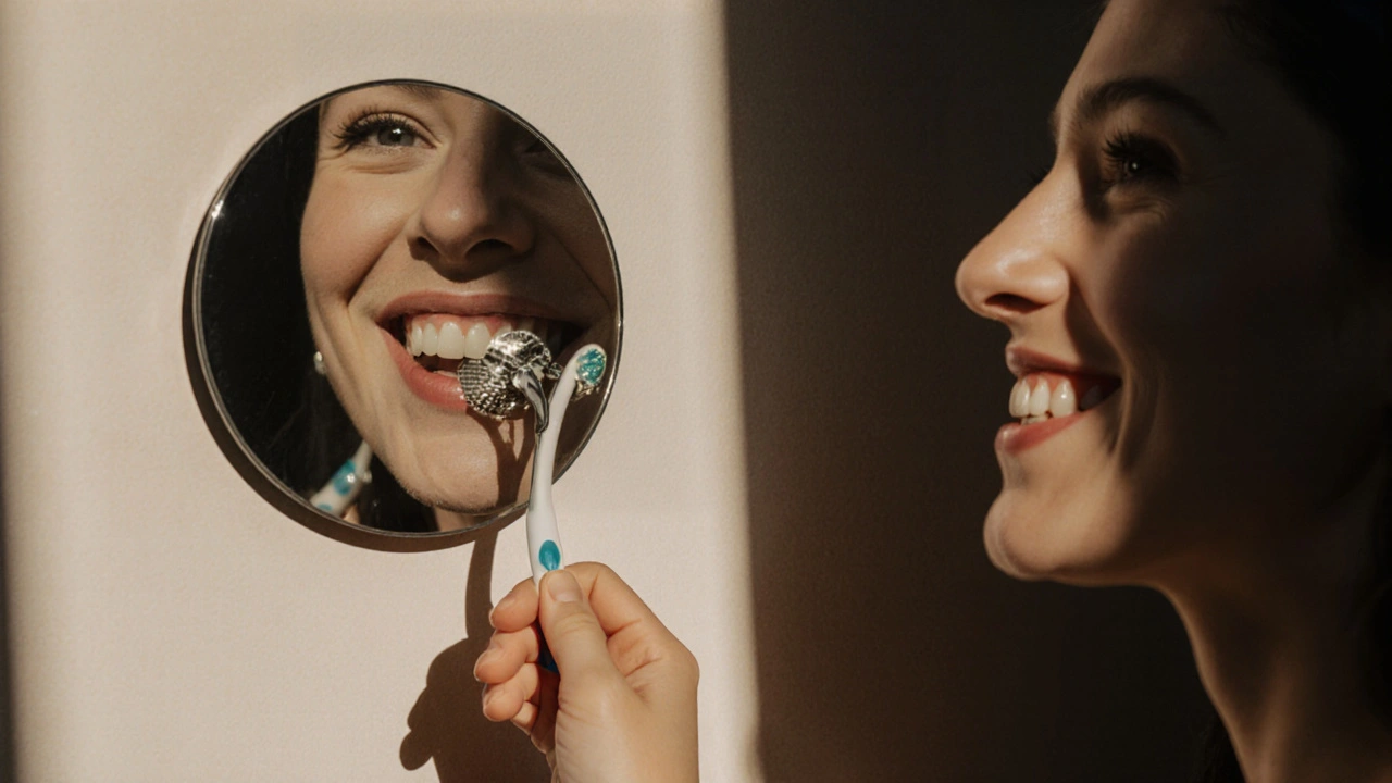 Zrcadlo odrazující zubní kámen a zdravý úsměv – symbol péče o zuby.