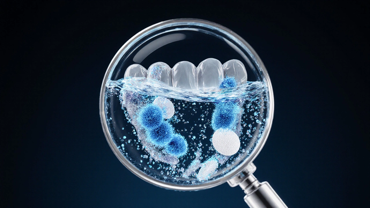Zvětšený pohled na náhradní zuby v čisticím roztoku s viditelnými bakteriemi.