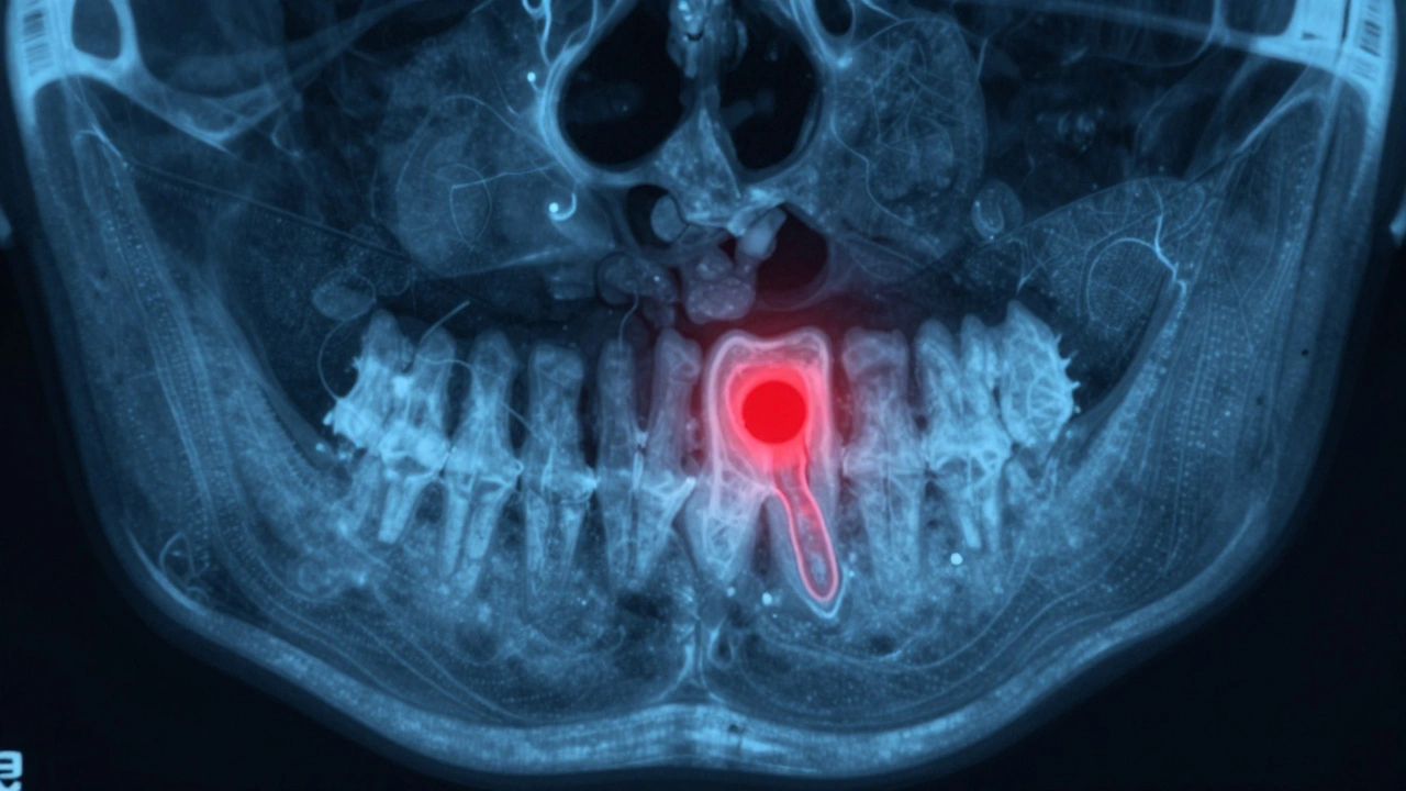 3D CT snímek čelisti s červenou skvrnou ukazující skrytou infekci kolem kořene.