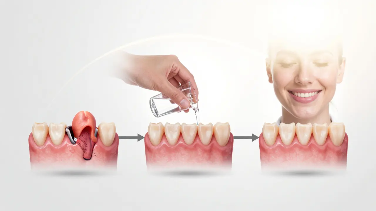 Chronologický přehled hojení dásně: zánět, péče, uzdravení – všechno v jedné scéně.