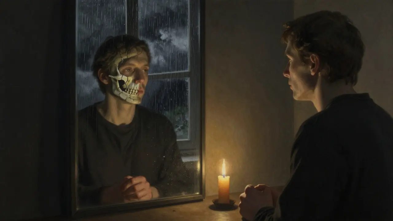 Člověk se dívá do zrcadla, kde jeho odraz ukazuje rozpadající se čelist, zatímco jeho tvář je klidná.