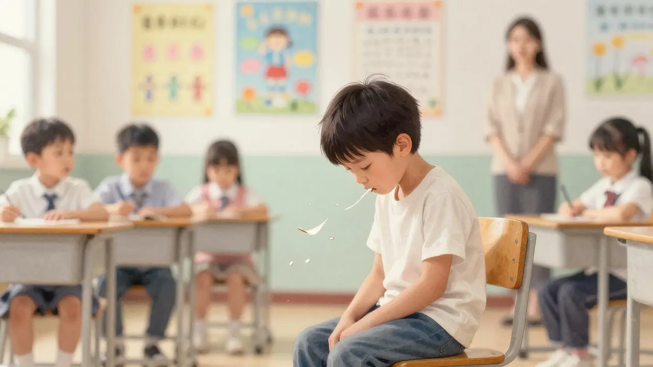 Dítě sedí v tiché třídě, kde mu z úst unikají zuby jako kousky papíru.