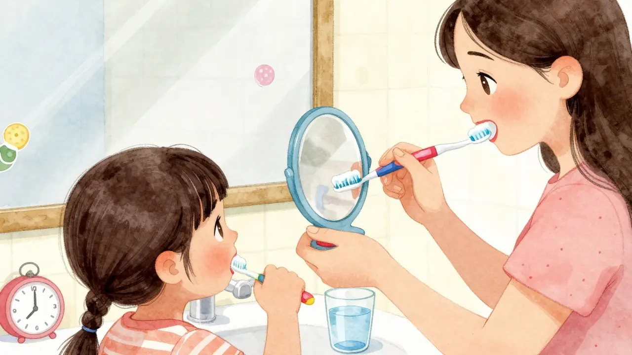 Dívka čistí zuby správnou technikou pod dohledem matky, ve pozadí voda a časovač.