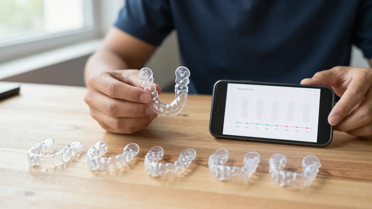 Dospělý drží 3D tištěnou šablonu a na stole má řadu předchozích šablon, na telefonu je vidět průběh korekce úsměvu.