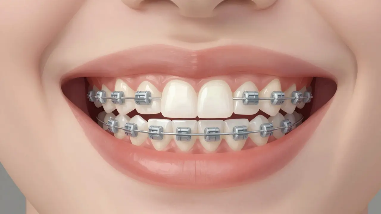 Dospělý s keramickými rovnátky, která se téměř slévají se zuby.