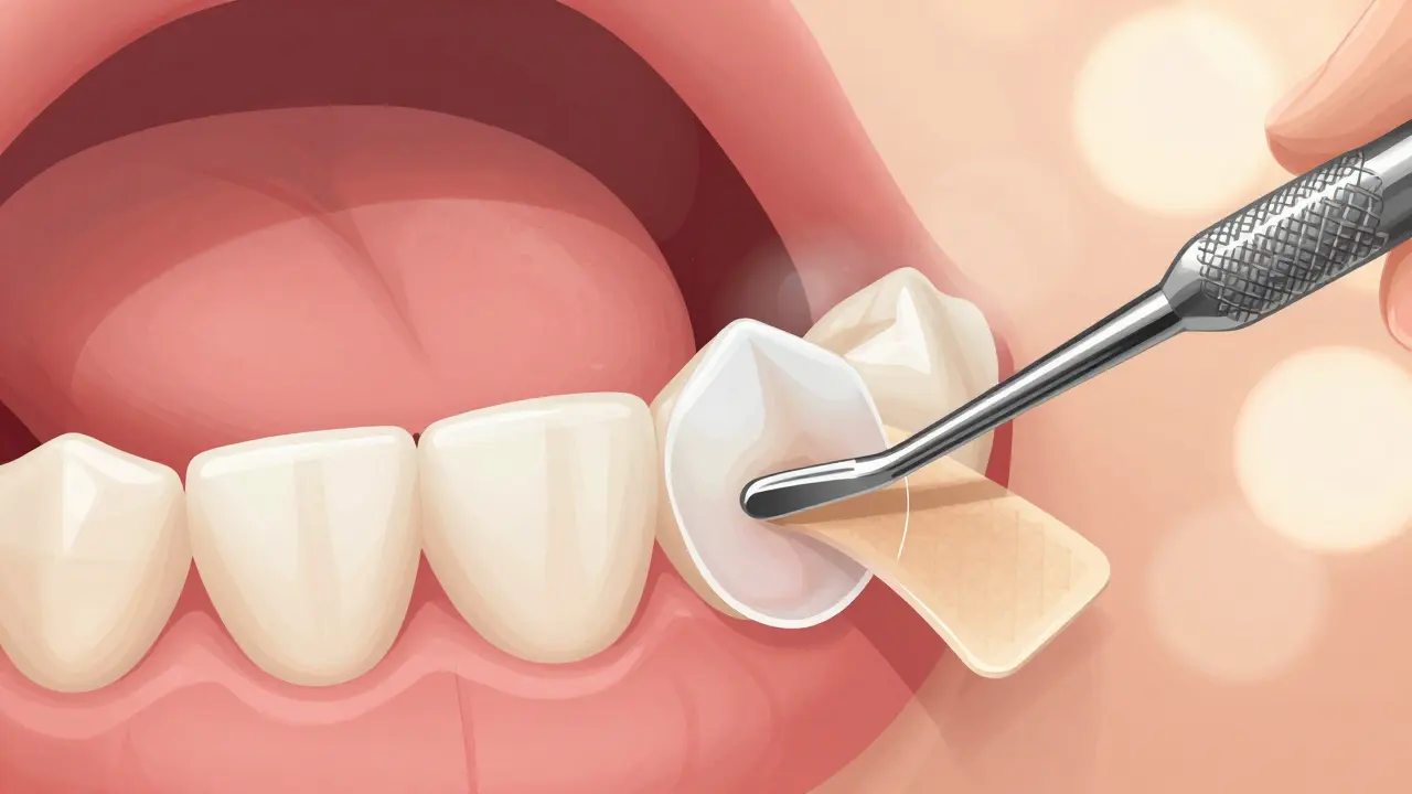 Jazyk se dotýká tenké keramické fazety na zubu s drobným voskem na hraně.