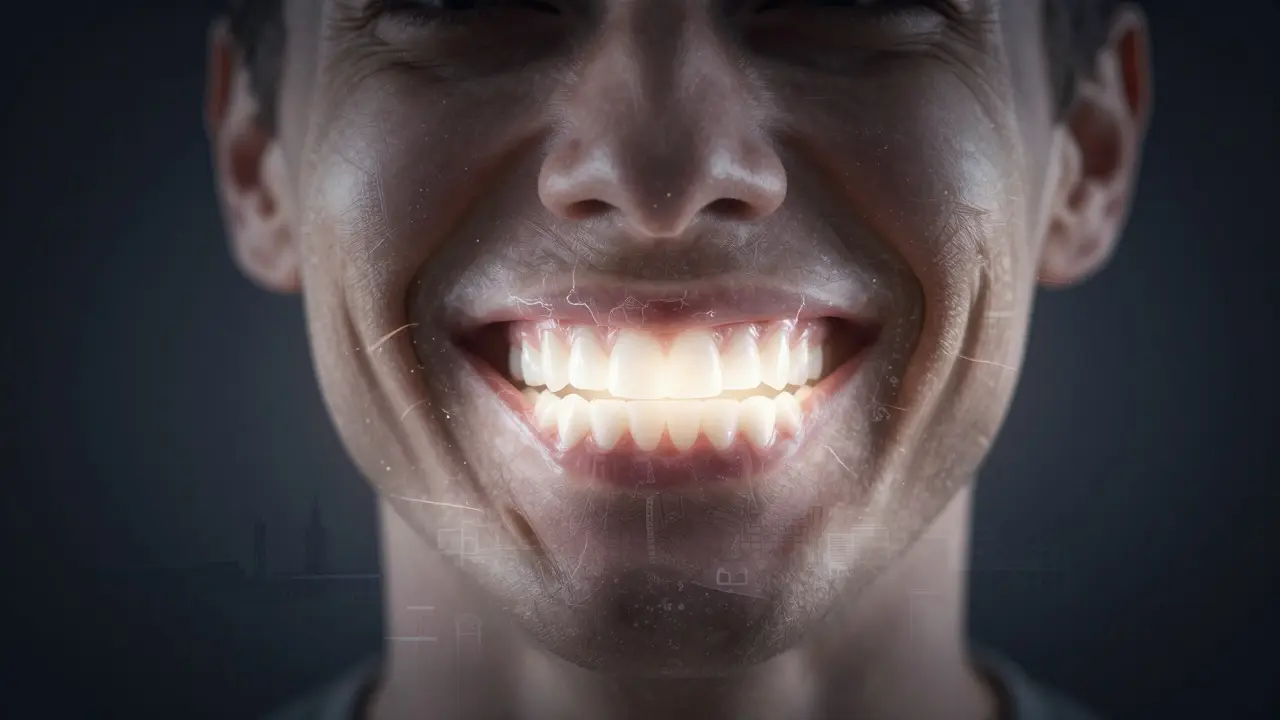 Konceptuální obraz úsměvu sloučeného s vnitřní strukturou keramického materiálu.