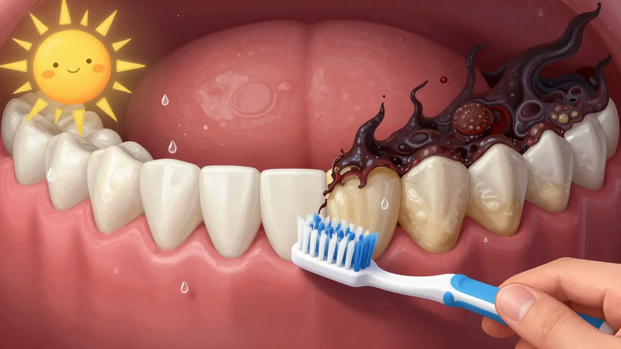 Kontrast zdravých a postižených zubů: čisté zuby s růžovými dásněmi proti zubnímu kamenu a zánětu.