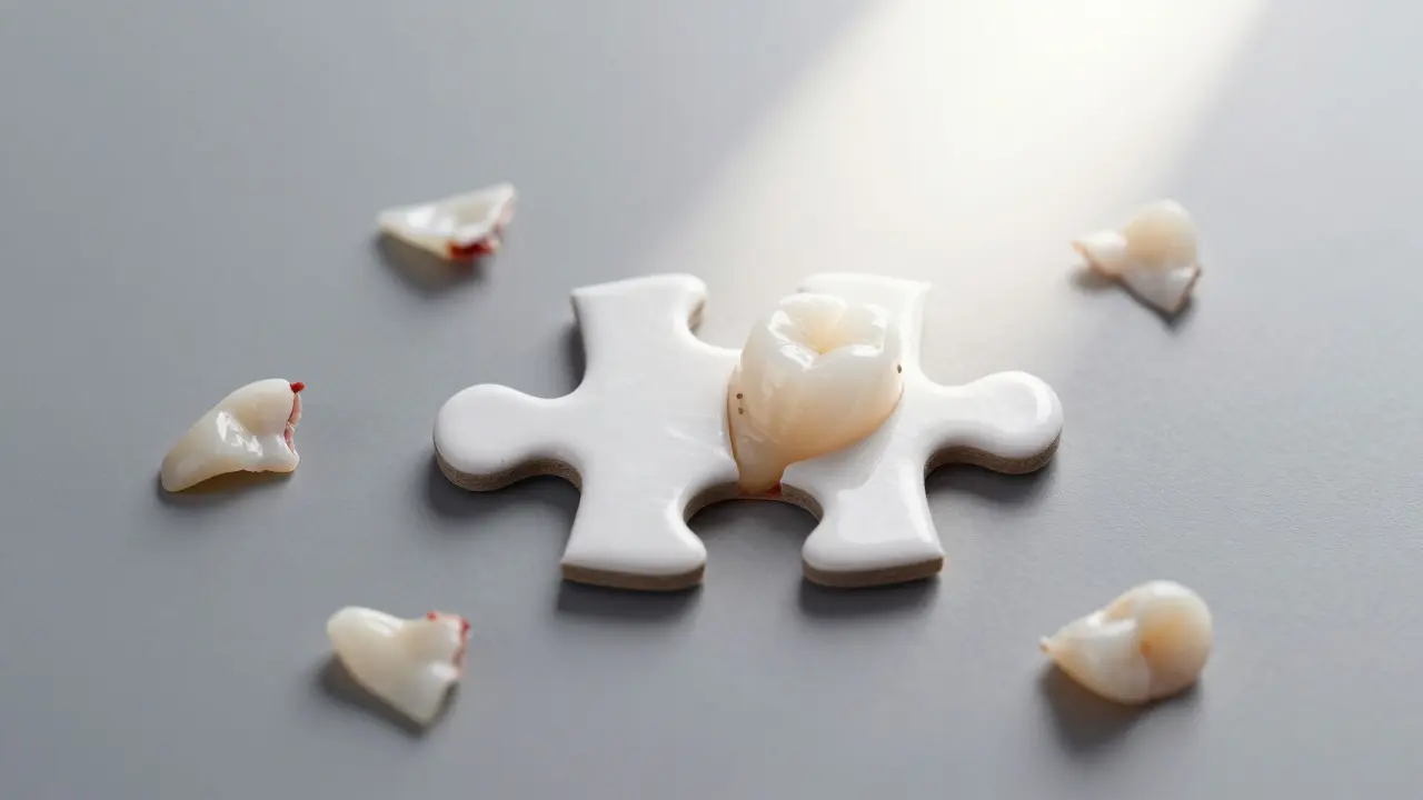 Kousenky puzzle se zapadají do tvaru zubu, symbolizující přesnou náhradu poškozené části.