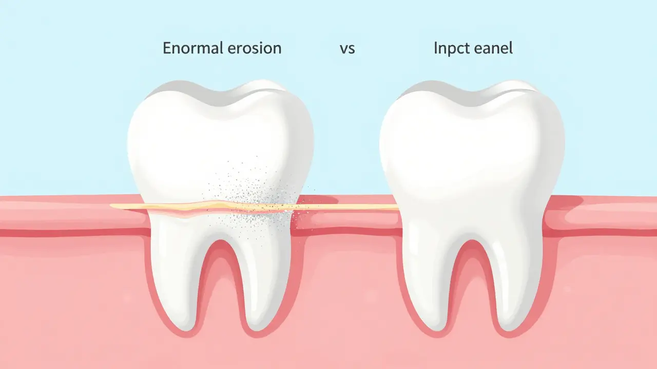 Křížový řez dětského zubu ukazující poškození skloviny způsobené abrazivní pastou.
