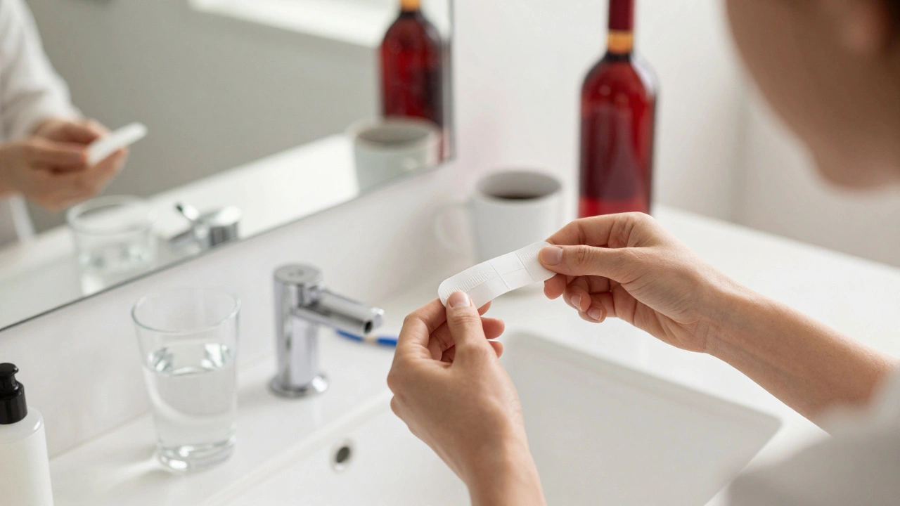 Osoba aplikuje bělící proužky na zuby v koupelně s vodou a kávou mimo dosah