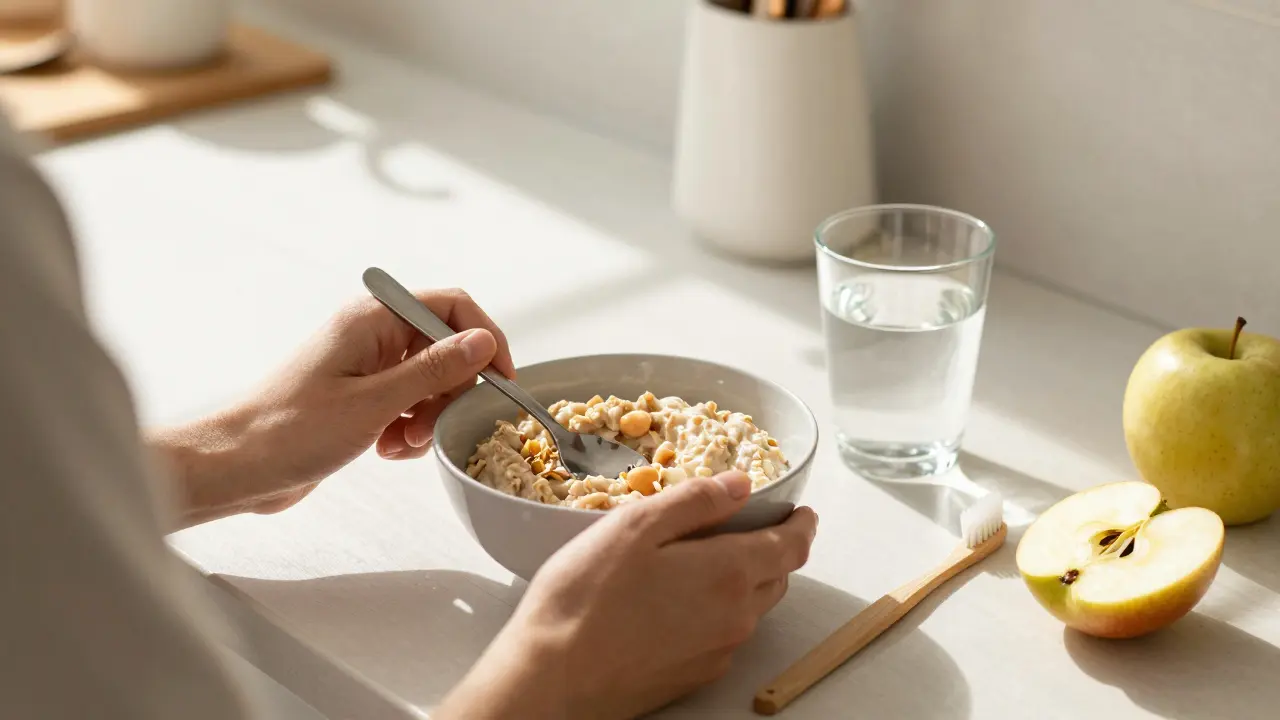 Osoba jedí měkkou kaši s novými fazetami, jablko je na stole, ale nejí ho.