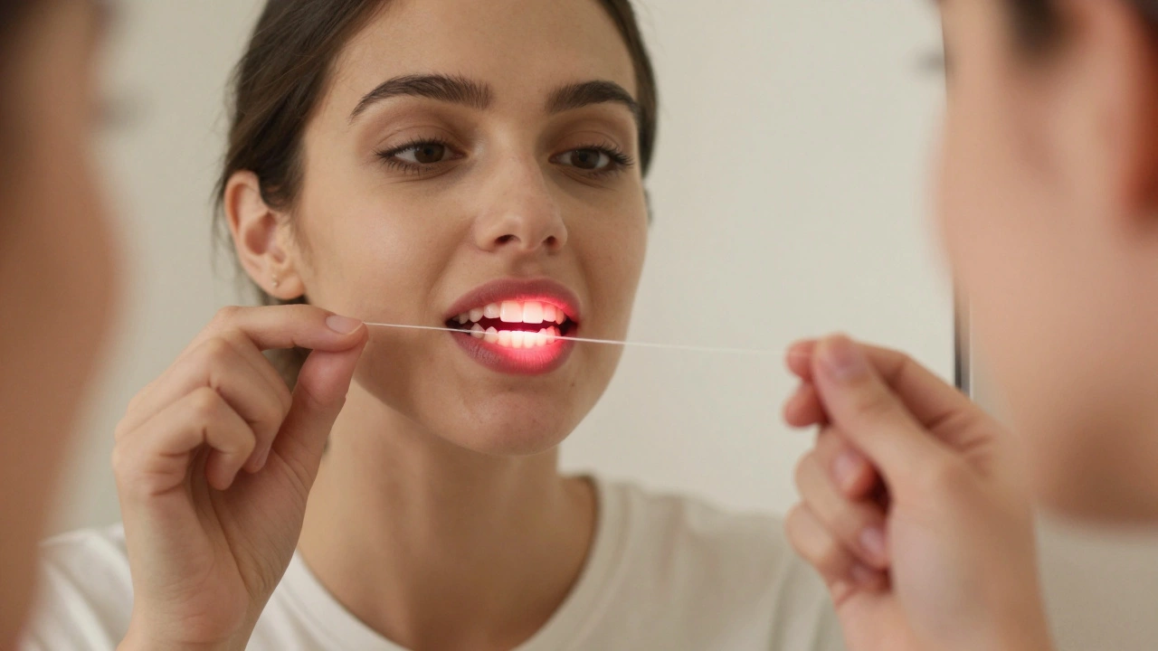 Osoba používá zubní nitě, zrcadlo odhaluje skrytý kaz mezi zuby, který je vidět jen na odrazu.