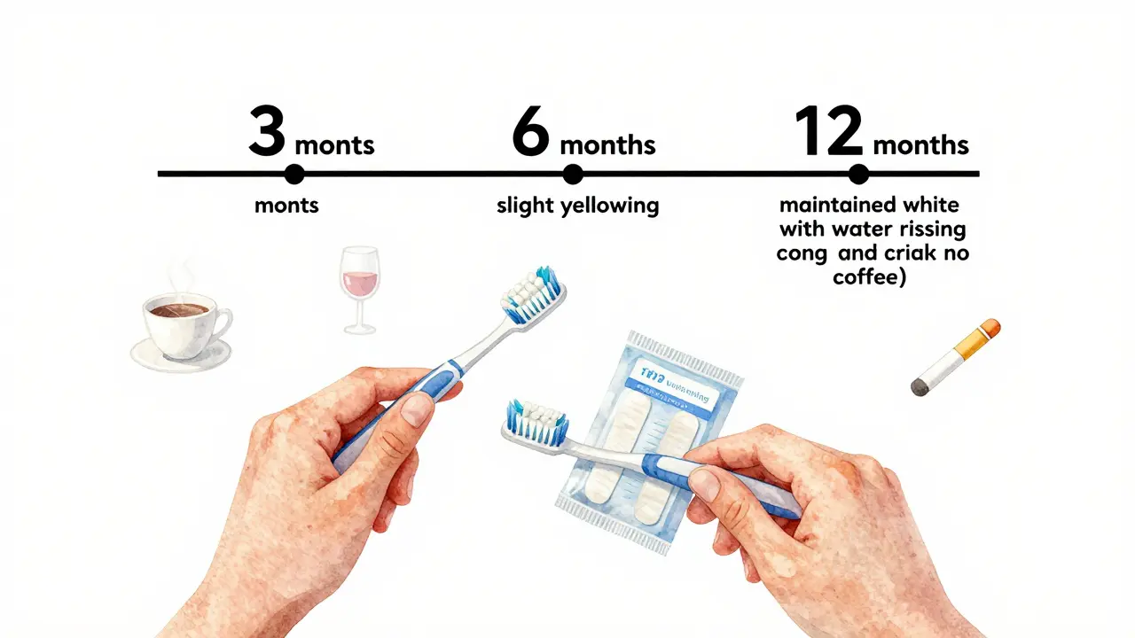 Osoba s kartáčkem a bělicími páskami, s časovou osou a ikonami potravin a péče o zuby