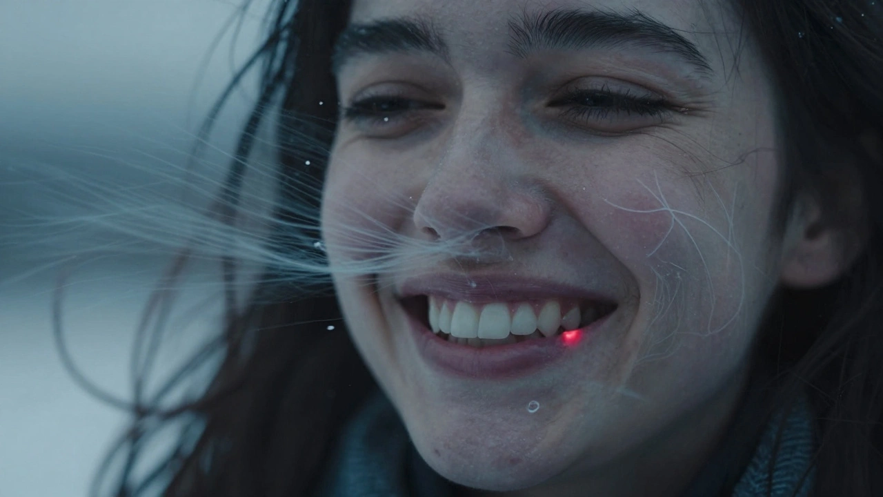 Osoba se usmívá, zatímco vítr vyvolává elektrické vlny v oblasti předních zubů a sinů.
