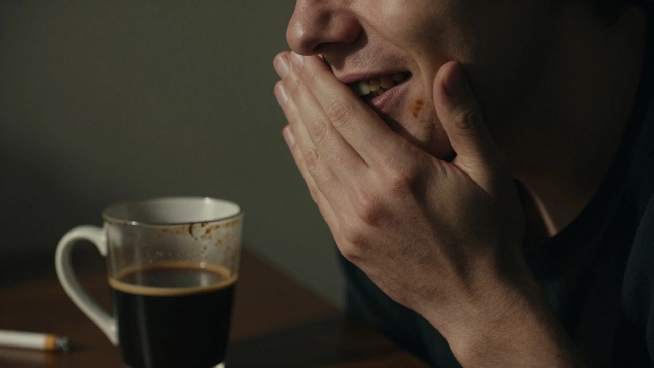 Osoba zakrývající ústa rukou, když se směje, s viditelnými tmavými skvrnami na zubech.