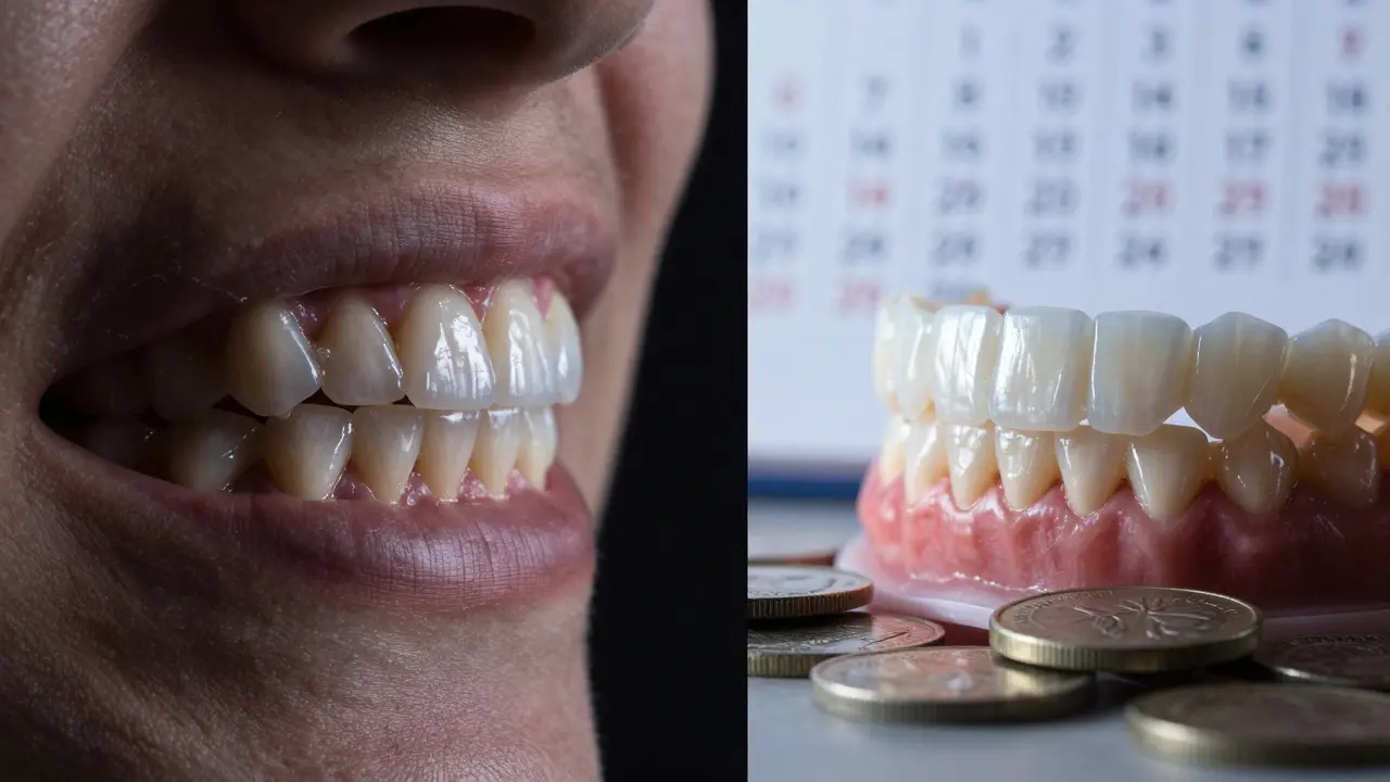 Porovnání špatných a dokonalých zubů s symboly finanční investice.