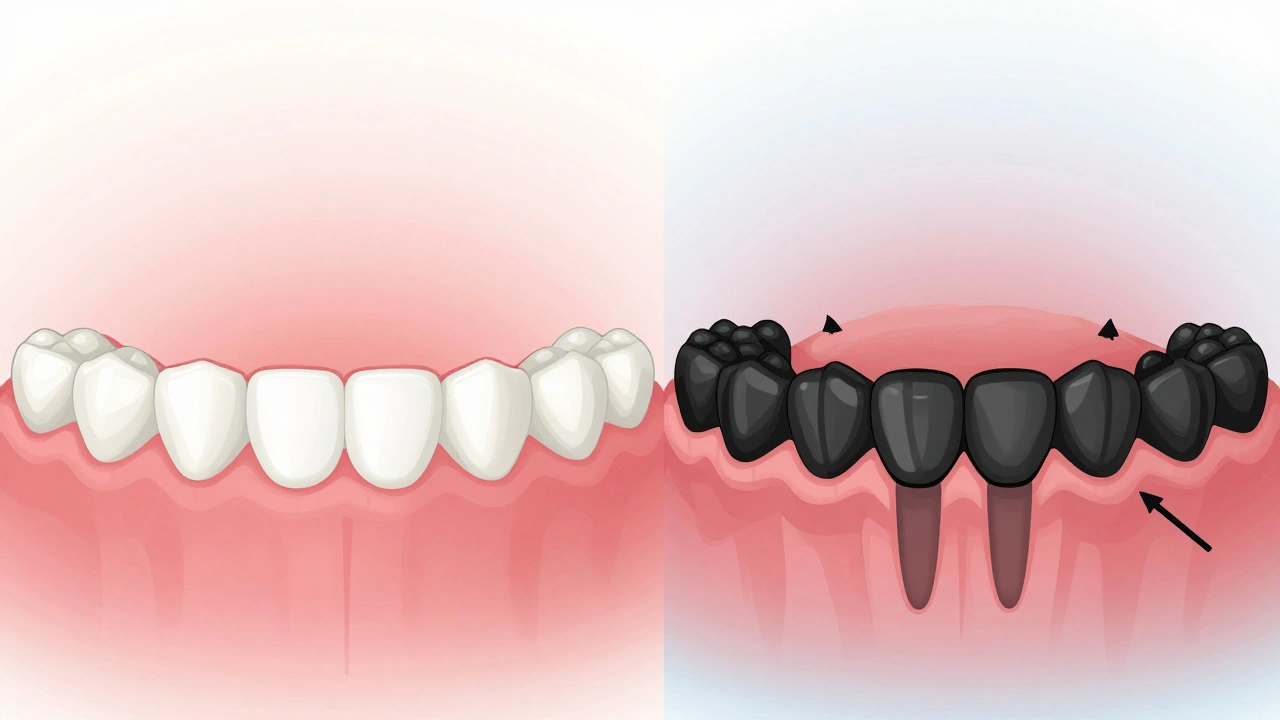 Porovnání zdravých a postižených zubů s kamenem a zánětem dásní, ukazující vývoj onemocnění.
