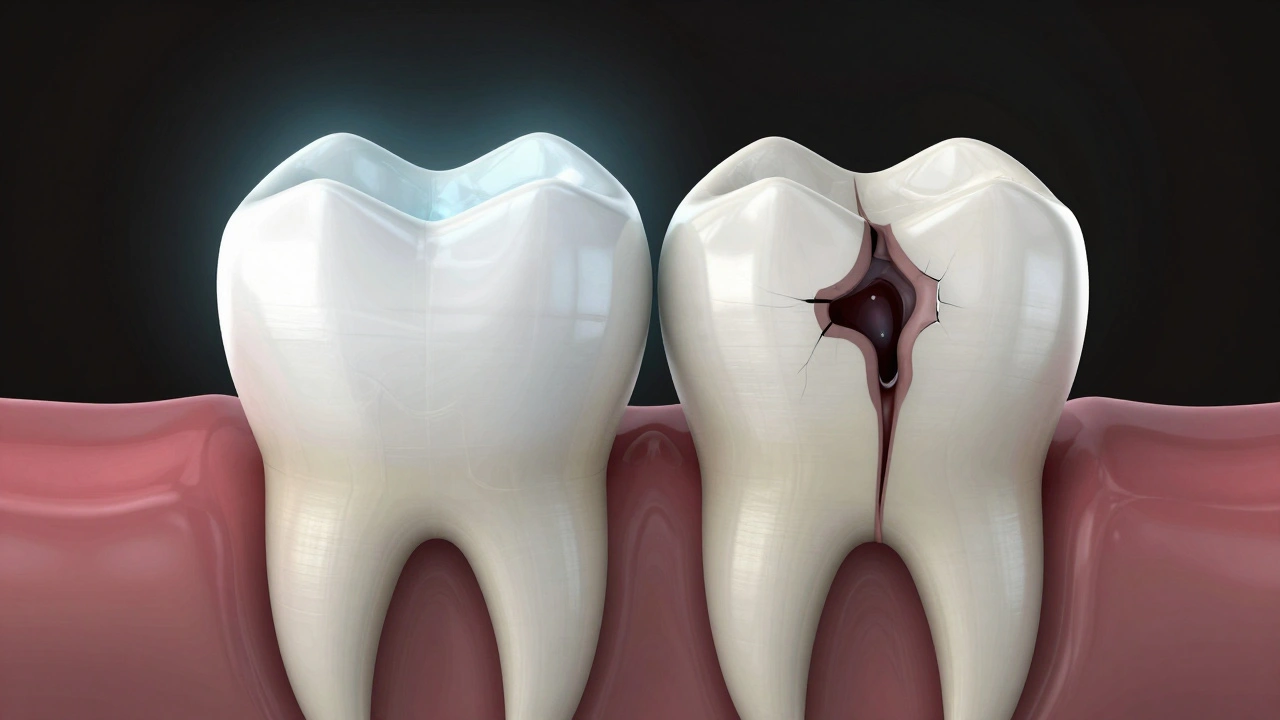 Porovnání zubu s a bez skloionomerové výplně s viditelným rozšířením kazy.