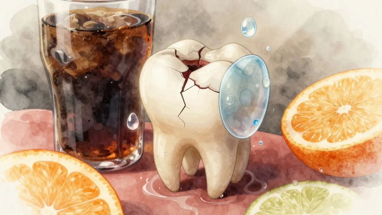 Poškozený přední zub s obnovující se sklovinkou pod vlivem fluoridu.