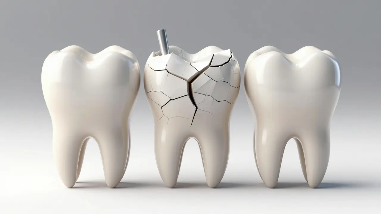 Přední zub postupně prochází opravou od poškození k obnově.