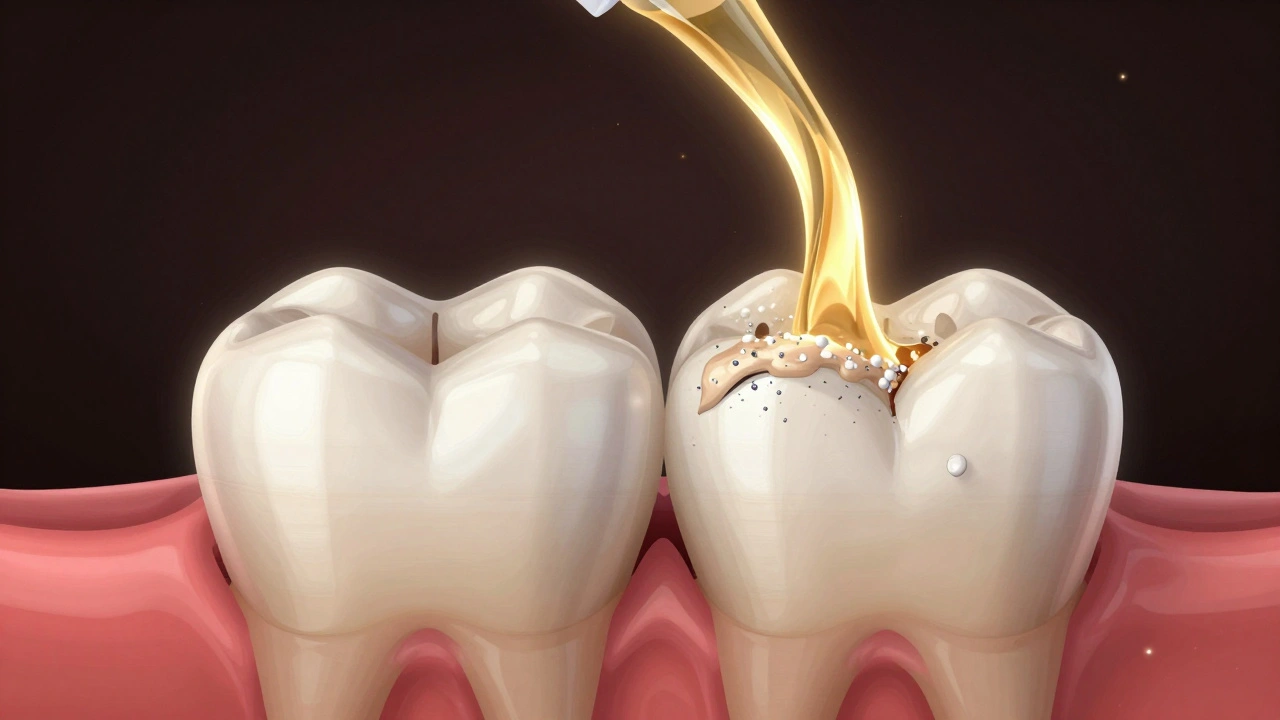 Příčný řez zubů s krvavou dutinou šířící se mezi nimi a zlatým proudem minerálů, který je opravuje.
