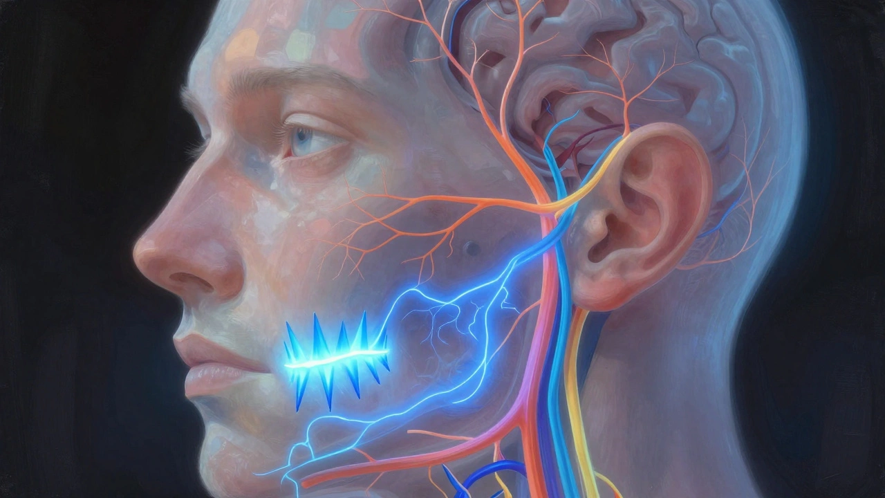 Průhledný obraz obličeje s barevně zvýrazněným trojklanným nervem sahajícím k očím, nosu a čelu.