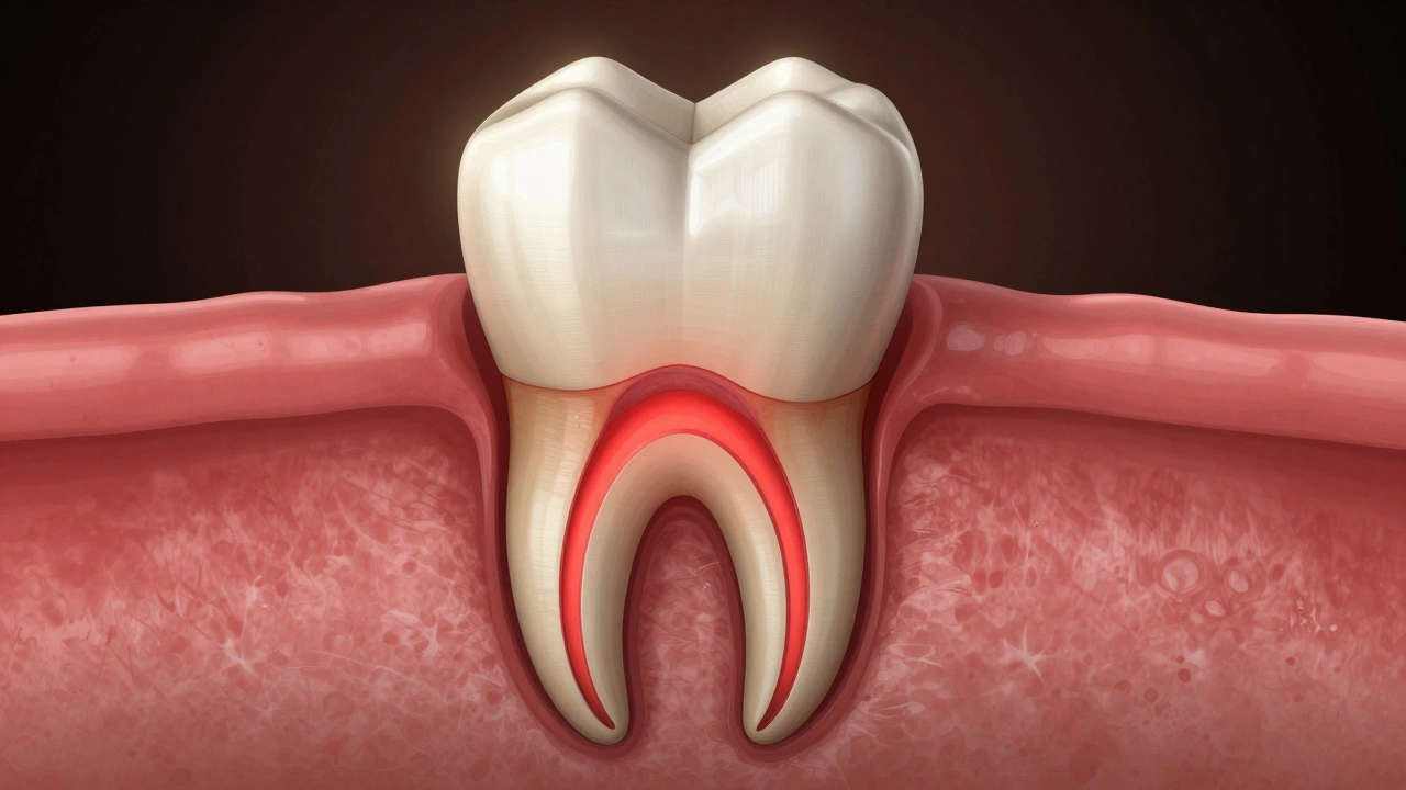 Průřez zubu s zánětlivými tkáněmi kolem kořene a poškozenou kostí.