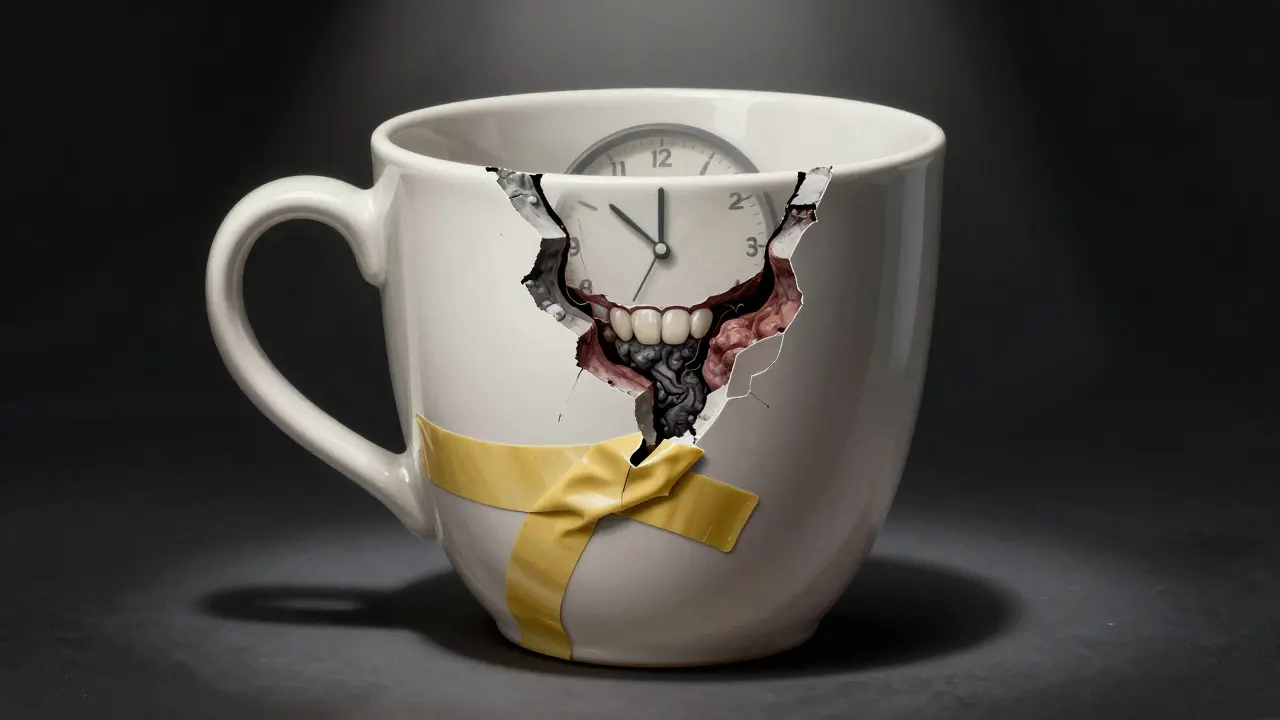 Rozštěpený hrnek slepený lepidlem, uvnitř se rozšiřuje hniloba — symbolický obraz skrytého poškození zubů.