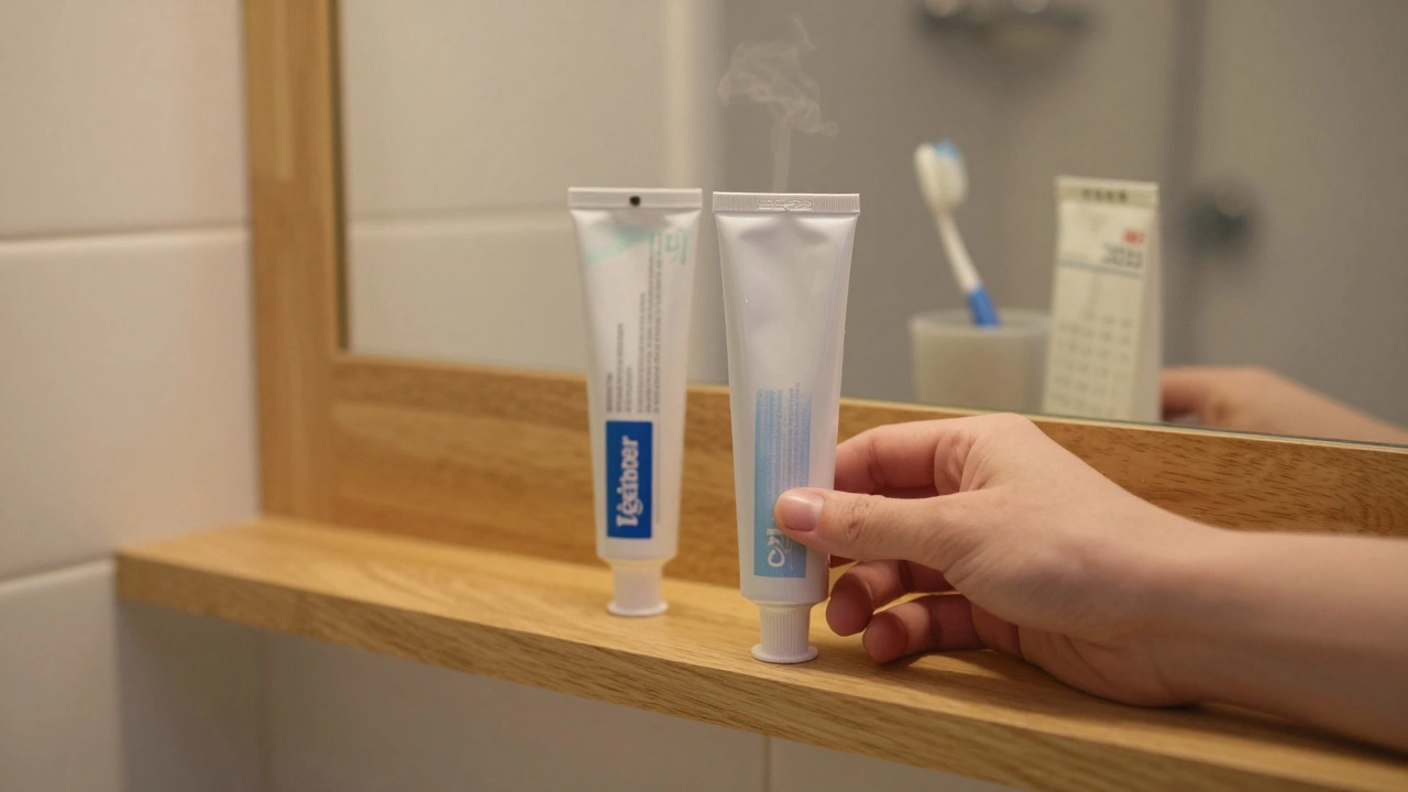 Ruka drží starou a novou zubní pastu na poličce s odrazem zrcadla a zubní kartáček v pozadí.