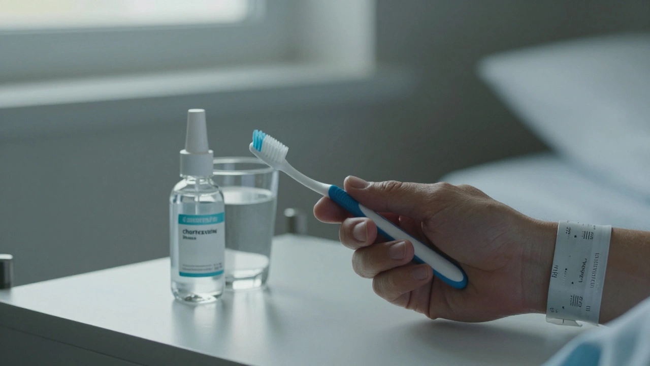 Ruka pacienta s jemným zubním kartáčkem a bezalkoholovým ústním roztokem