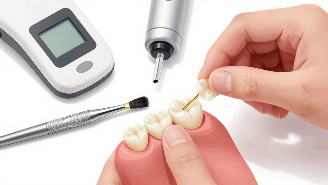 Ruka přikládá tenkou keramickou fazetu na zub v čistém klinickém prostředí.