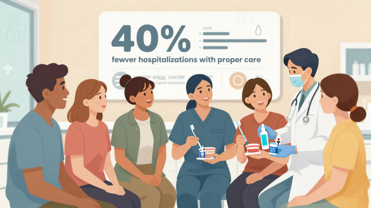 Skupina pacientů přijímá ústní hygienické pomůcky ve specializované zubní klinice