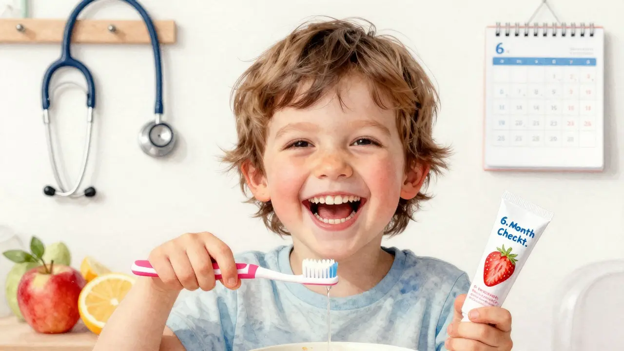 Šťastné dítě se zdravými zuby a fluoridovou pastou s jahodovou chutí.