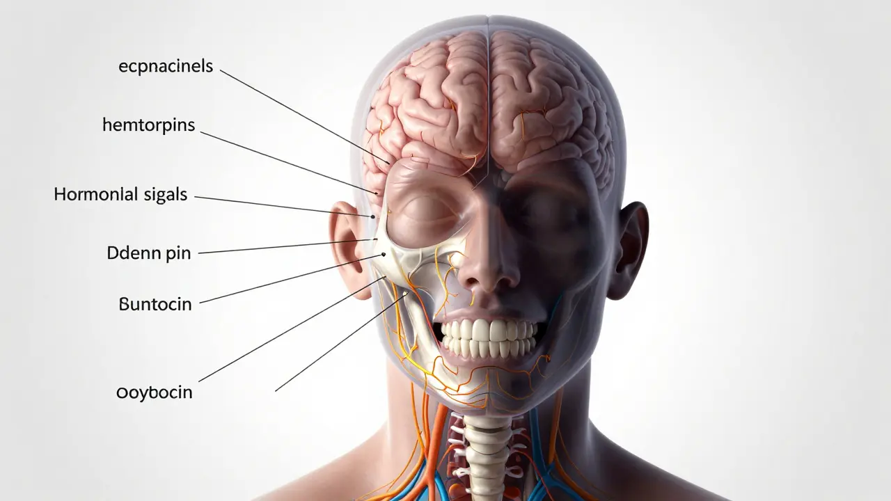 Transparentní ilustrace čelisti a nervových signálů zubů do mozku.