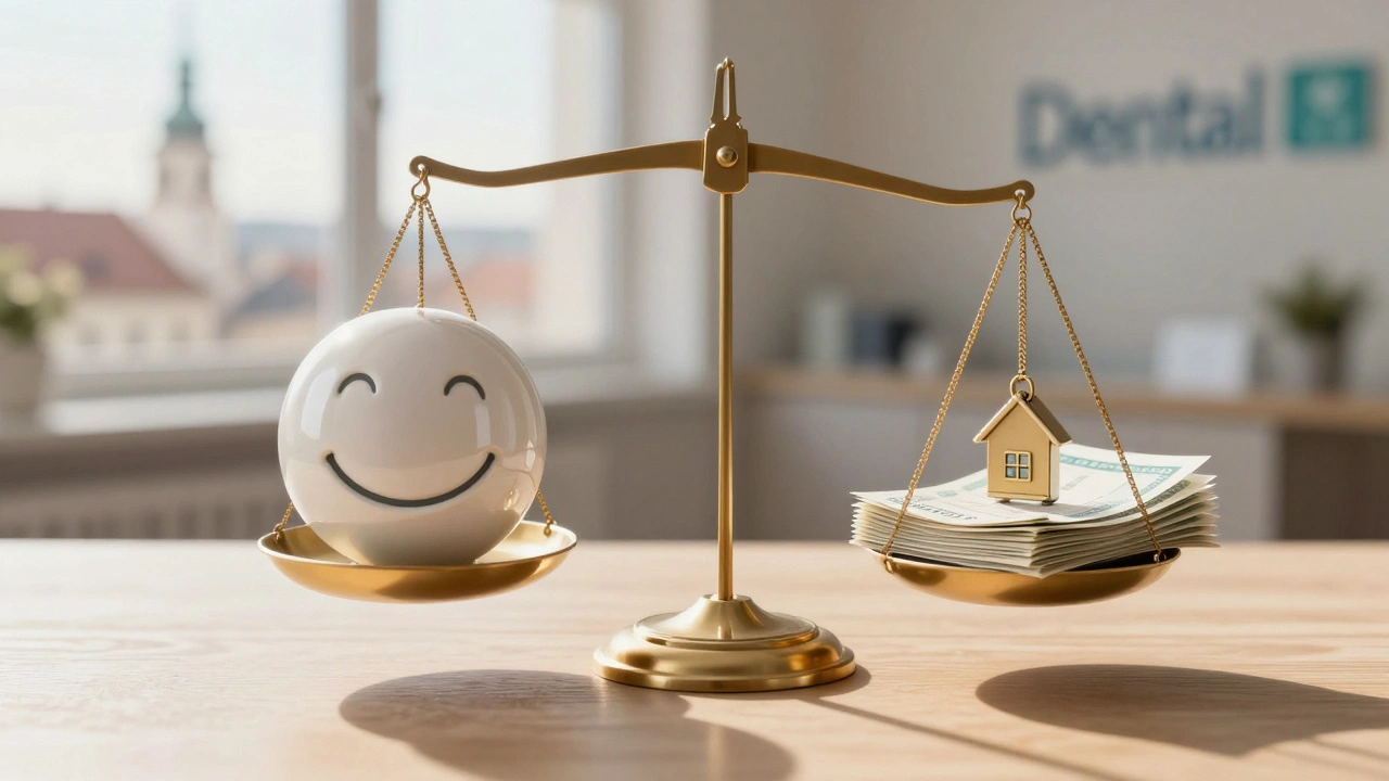 Váha s dokonalým úsměvem na jedné straně a splátkami na druhé.