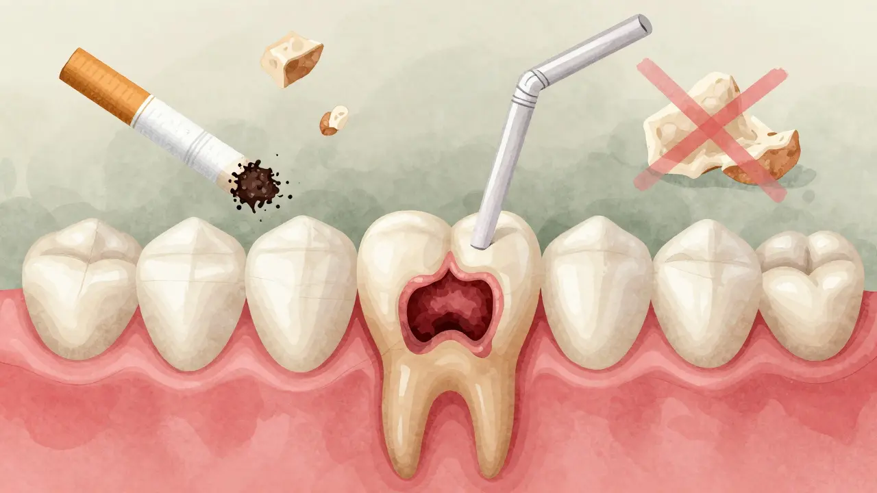 Zdravá dásň s krevní sraženinou, kolem ní symboly nežádoucích činností jako kouření a sání.