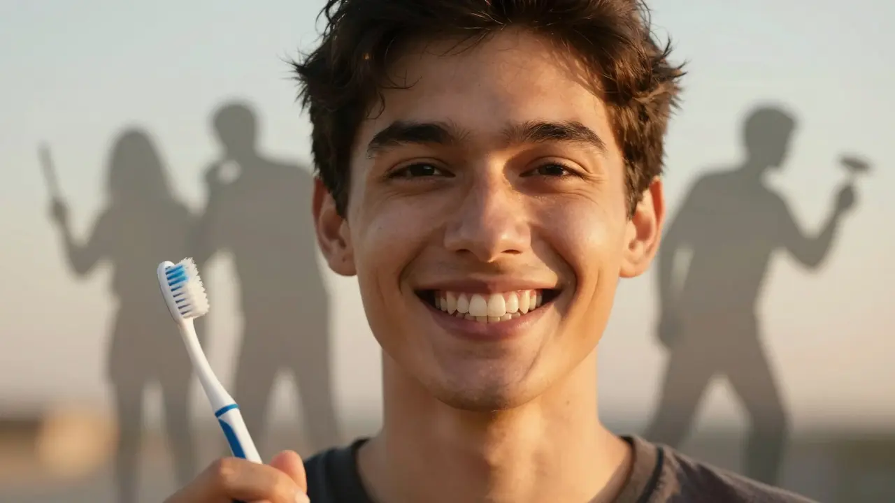 Zdravé přední zuby s postupně mizícími škodlivými návyky v pozadí.