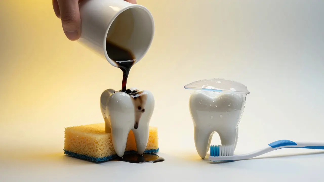 Zub jako houba vstřebávající černé inkousty, ochraňovaná vodou a kartáčkem