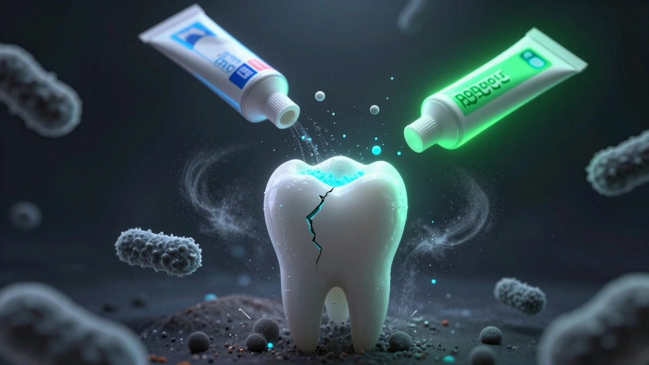 Zub s poškozeným emailem a rozpadající se zubní pastou, symbolizující ztrátu ochrany fluoridem.